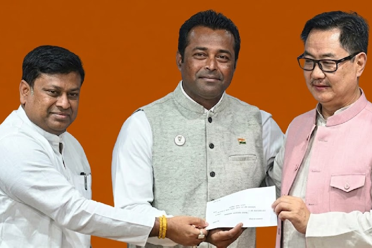 Leander Paes BJP Join 2026 showing the legendary Indian tennis player joining BJP at party headquarters, symbolizing a major political shift ahead of elections.