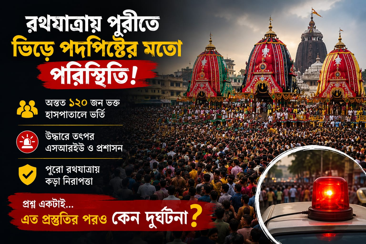 Puri Rathyatra 2026 Stampede: পুরীর রথযাত্রার ভিড়ে পদপিষ্টের আতঙ্ক, মৃত ১, হাসপাতালে ১২০